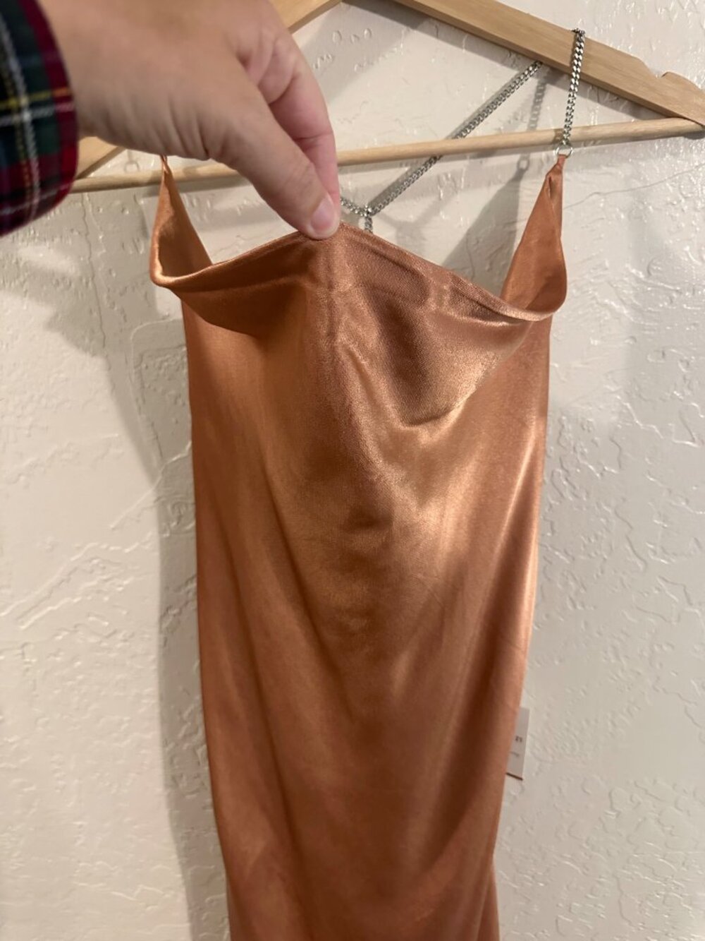 NWT Rose Gold Cowl Neck Satin Metal Chain Mini Cocktail Dress - Picture 3 of 13
